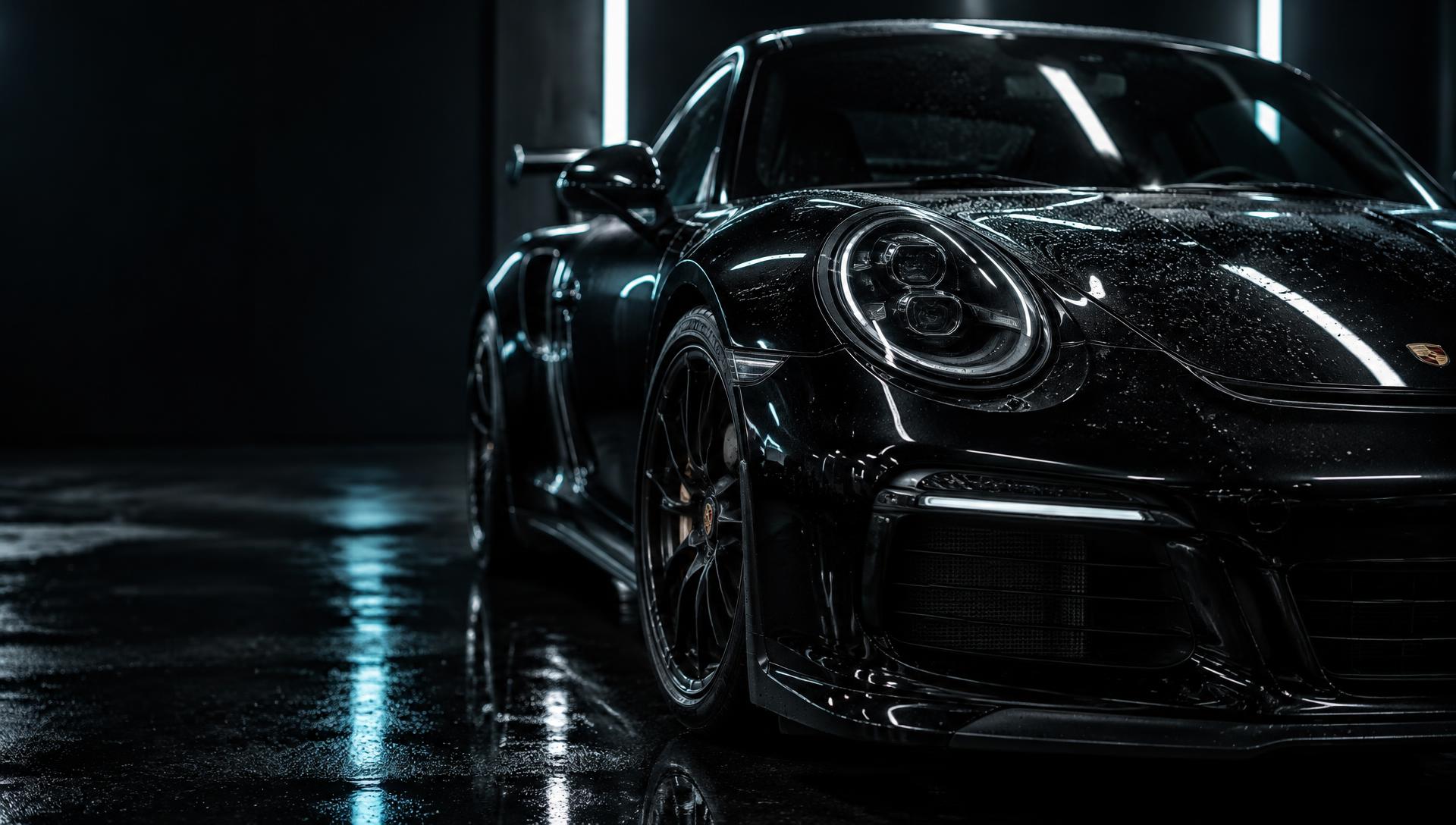 Freshly detailed black car with glossy reflections